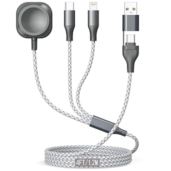 ShSiXin Multi Charging Cable for Apple Watch Charger Fast Charging 4FT | Travel Charger for Multiple Devices with USB A/C Nylon 3 in 1 Charging Cable for iWatch Ultra/SE/11-2 & iPhone17-5/Pro Kindle