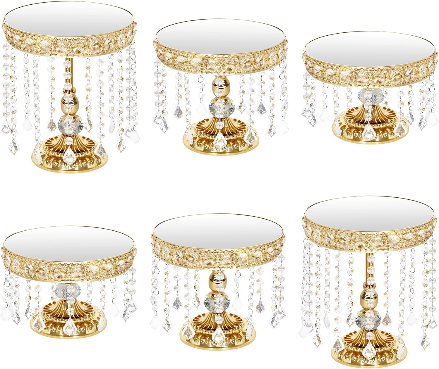 6Pcs Gold Cake Stands with Crystals, Mirror Metal Elevated Cake Display Gold Dessert Stands for Party, Wedding Reception(Mirror Golden)