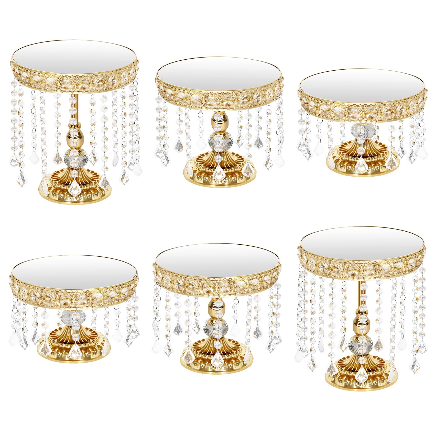 Photo 1 of PIQUATOOL 6Pcs Gold Cake Stands with Crystals, Mirror Metal Elevated Cake Display Gold Dessert Stands for Party, Wedding Reception(Mirror Golden)