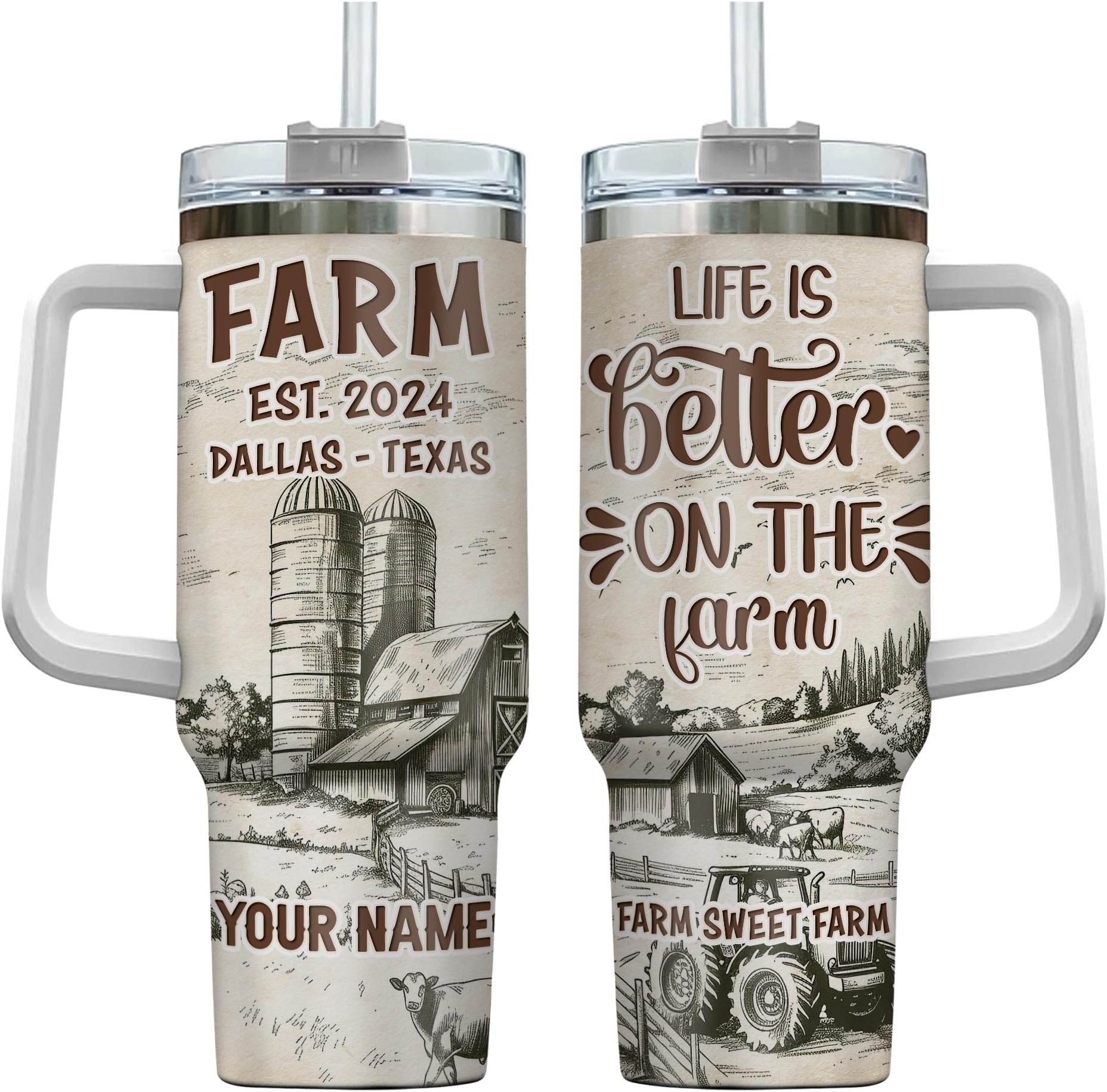 Personalized Farm House Lover 40oz Tumbler, Vintage Old Barn Farm Landscape Design Coffee Travel Mug with Handle Insulated, Cow Mugs Stainless Steel Tumblers For Cattlemen