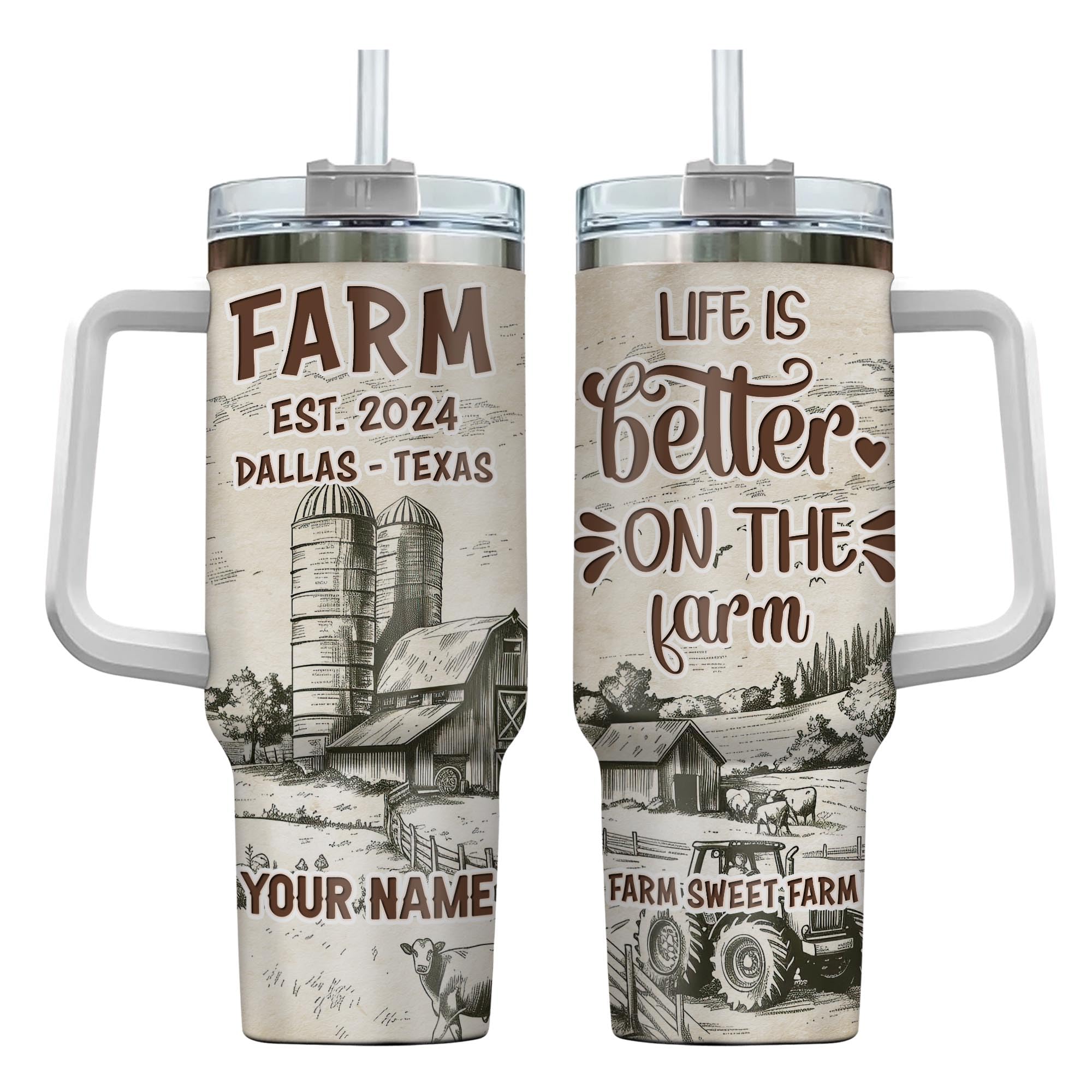 Personalized Farm House Lover 40oz Tumbler, Vintage Old Barn Farm Landscape Design Coffee Travel Mug with Handle Insulated, Cow Mugs Stainless Steel Tumblers For Cattlemen