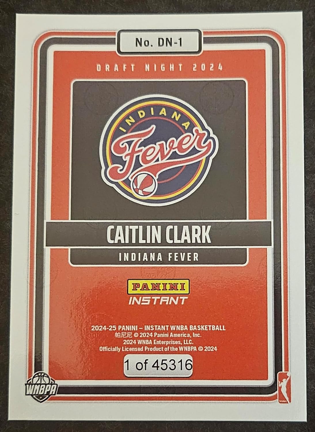 2024 Panini Instant #DN-1 Caitlin Clark Indiana Rookie Card Draft Night 1st Fever Card Online Exclusive In Magnetic One Touch Holder.
