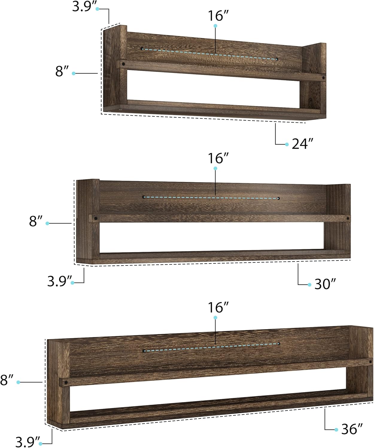 Brightmaison Polynez Kids Bookshelf, Floating Wall Shelves for Decor, Nursery, Bathroom, Kitchen - 36"-30"-24" Brown Set of 3