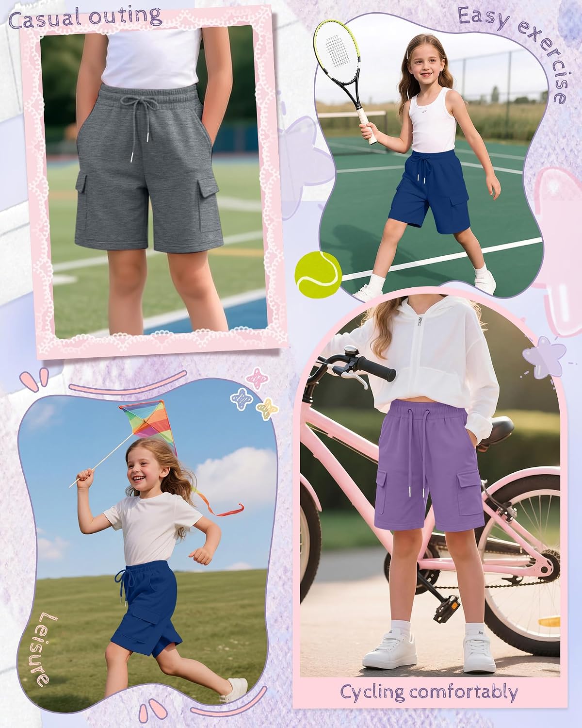 3 Pack Girls' Cargo Bermuda Shorts Elastic Drawstring Long Shorts Loose Casual Yoga SweatShorts with 4 Pockets