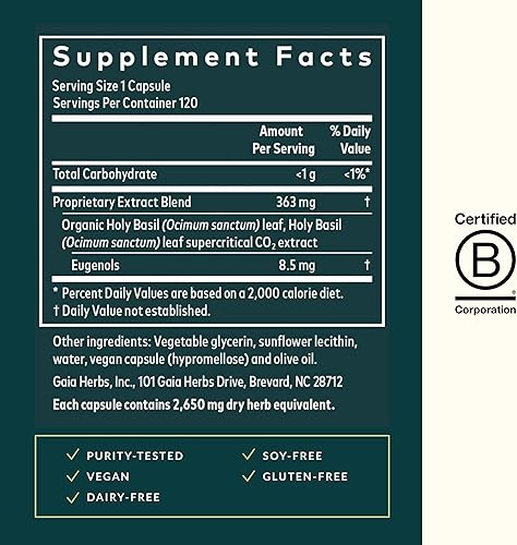 Miniatura 3 de Gaia Herbs Hoja de albahaca santa ayuda a mantener una mentalidad positiva y equilibrio en tiempos de estrés una hierba ayurvédica adaptogénica 120