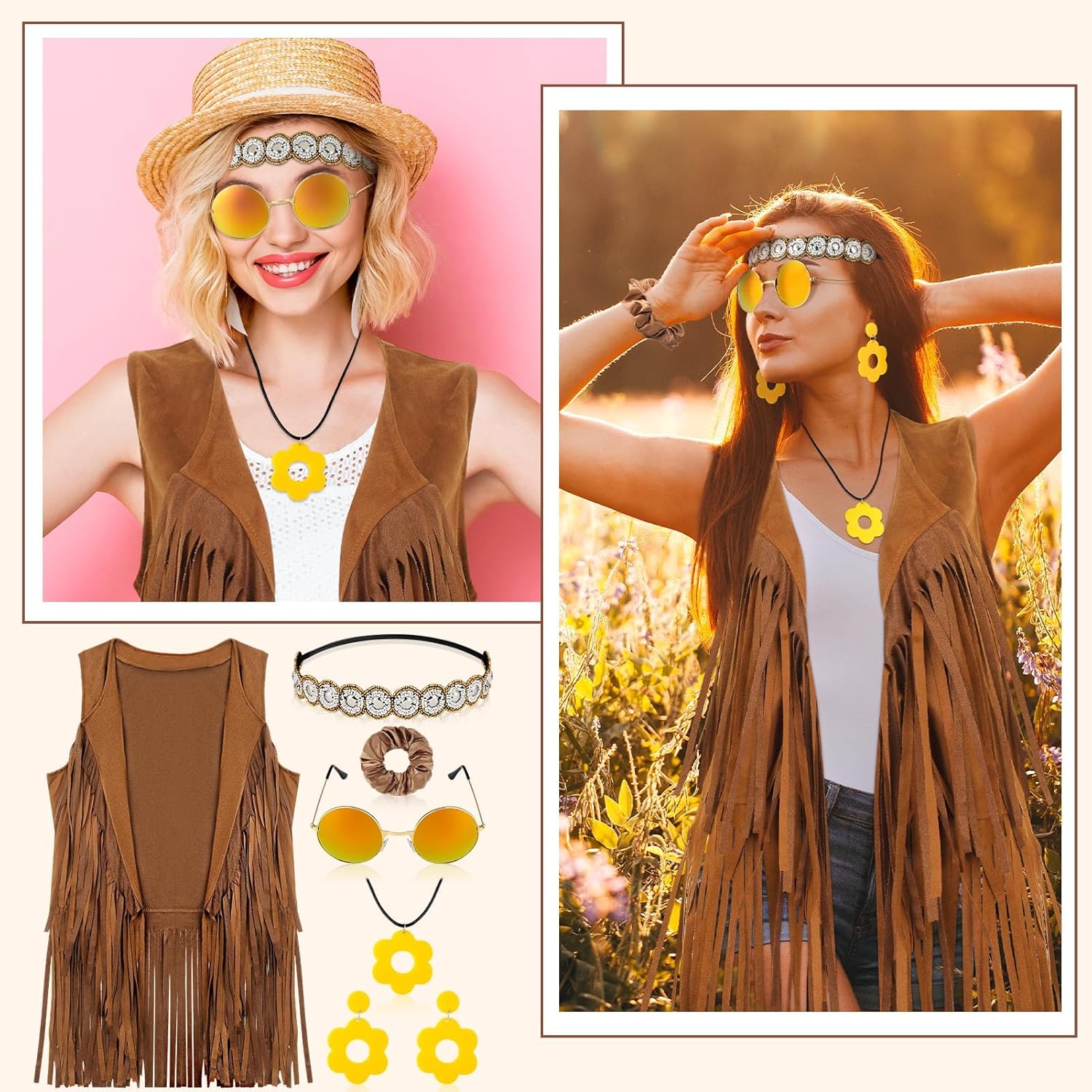60s 70s Outfits for Women Groovy Outfits Clothes Women Brown Fringe Vest 70s Costume Tops Sunglasses Necklaces - Image 5