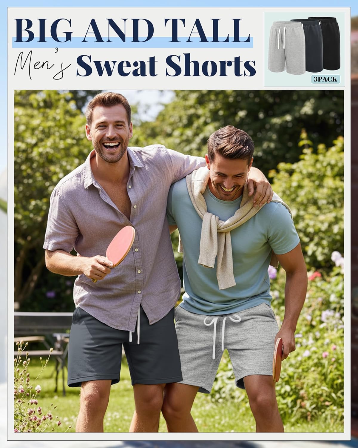 Ficerd 3 Pack Big and Tall Men's Sweat Shorts 9'' Plus Size Bermuda Drawstring Elastic Waist Shorts with 3 Pocket