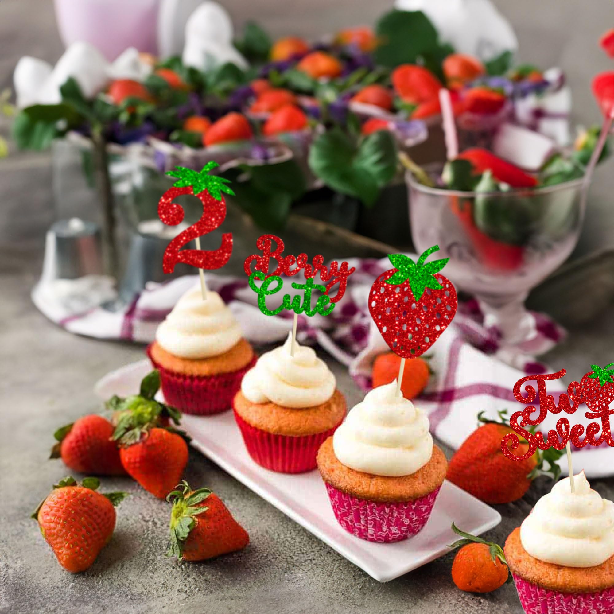 Erdbeer Cupcake Deko XGNG Erdbeer Cupcake Topper 50 Stück - Glitzer Deko  Für Geburtstag \u0026 Sommerpartys Wiederverwendbare Cupcake-Topper, image size:2000x2000