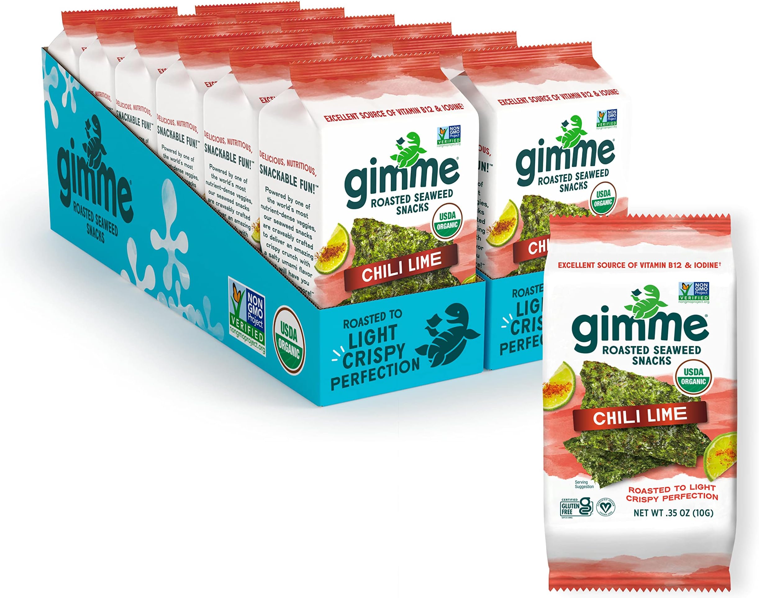 Gimme Seaweed Organic Premium Roasted Seaweed Snacks, Chili Lime, 12 Count Sharing Size, Keto, Vegan, Gluten-Free, Great Source of Omega3s and Iodine, Healthy On-The-Go Snack for Kids and Adults