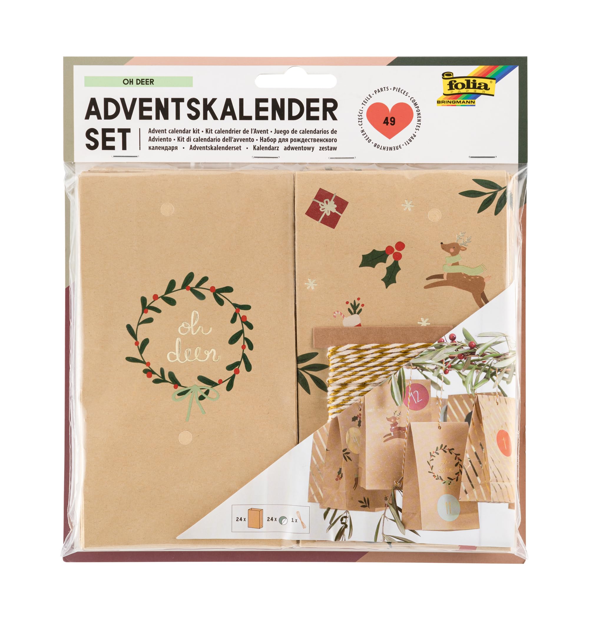 folia 9387 Advent Calendar Set Oh Deer, 49-Piece DIY Craft Set for Designing an Individual Advent Calendar