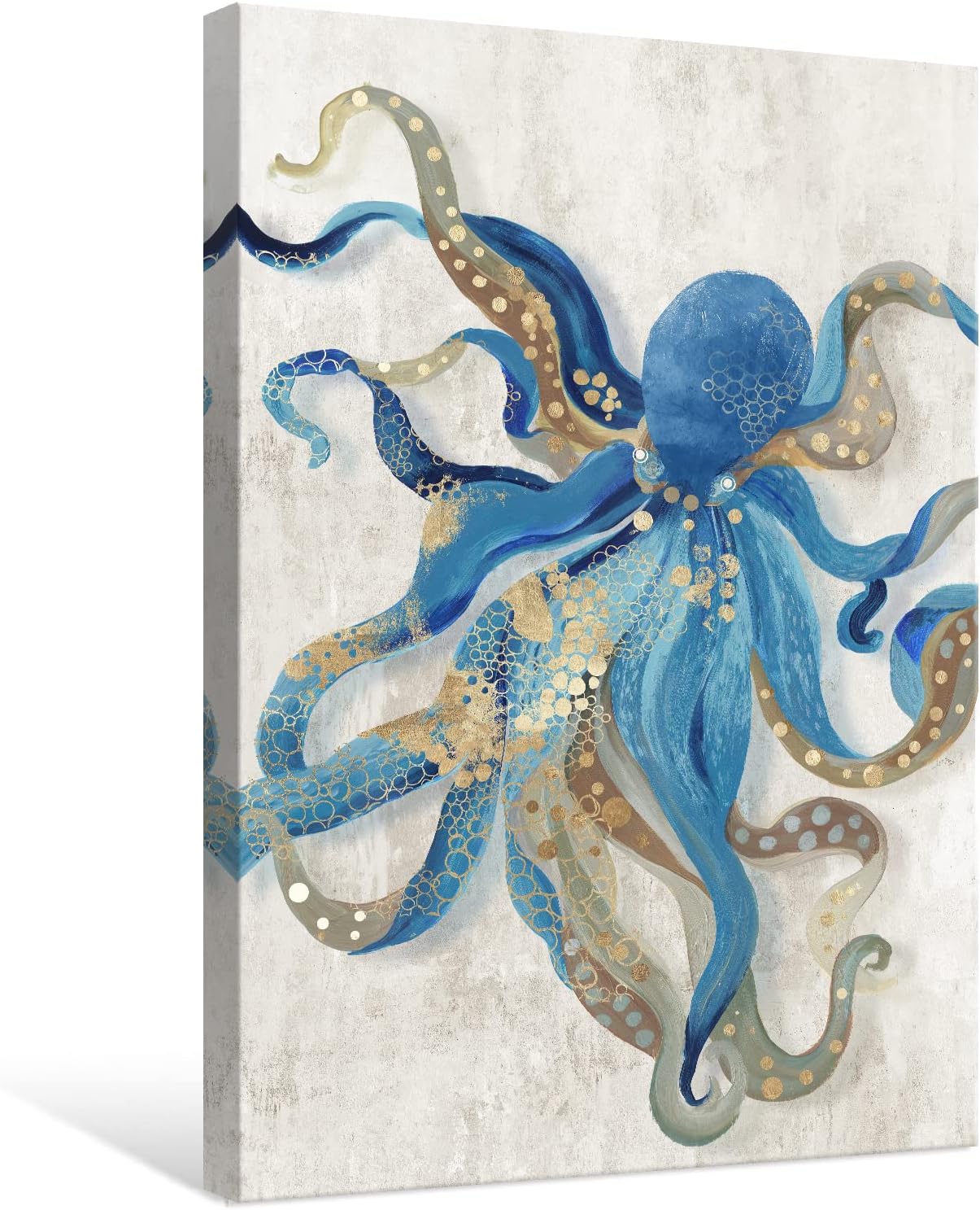 octopus canvas wall art ocean life theme painting blue and gold sea animal picture coastal artwork framed octopus picture for bathroom bedroom livingroom wall decoration 24x36inch blue octopus 24"l x 36"w