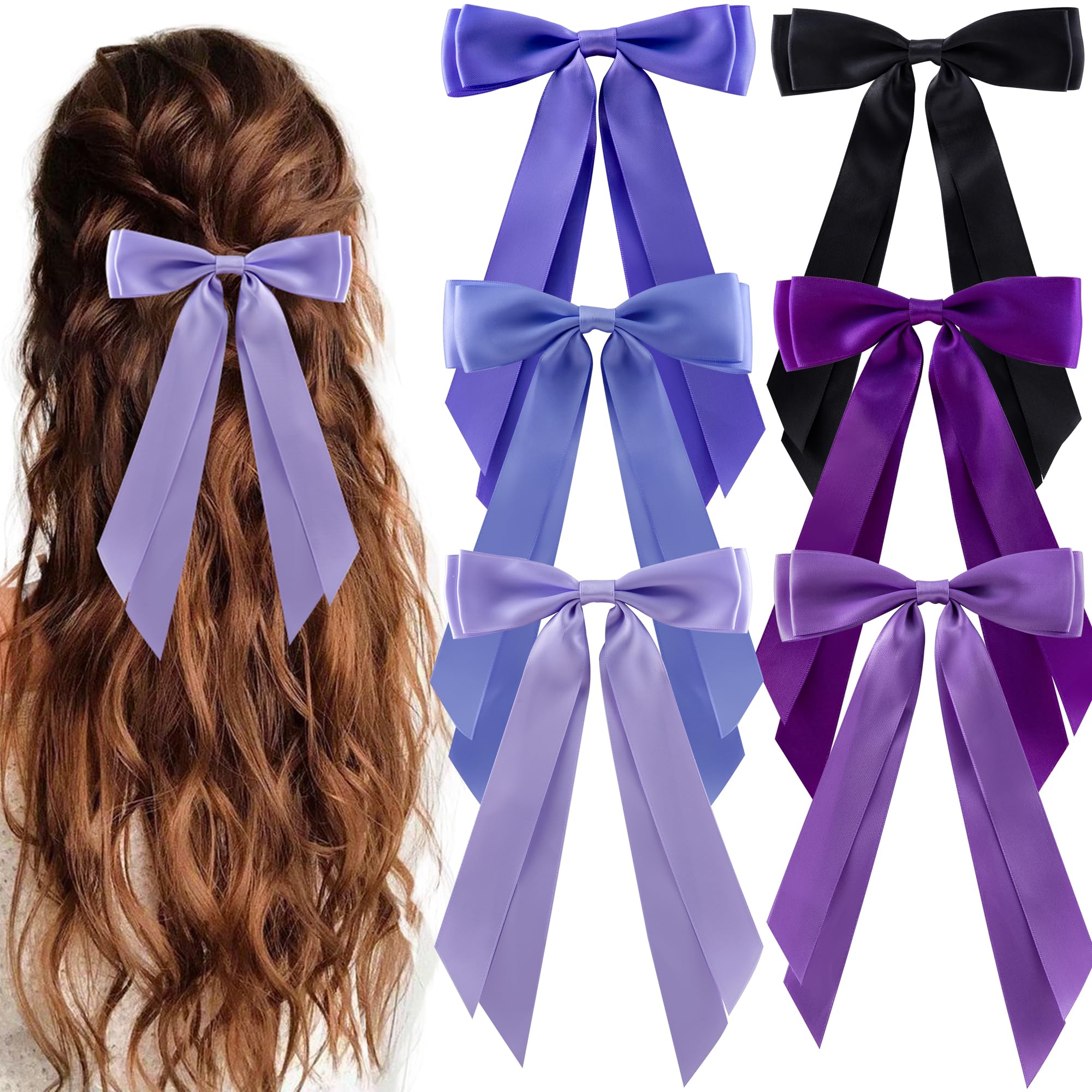 Photo 1 of hisial 6Pcs Hair Bows Clips for Hair Silky Satin Ribbon Alligator Barrettes French Hair Ponytail Holders Cute Accessories for Women Girls(Black/Purple)