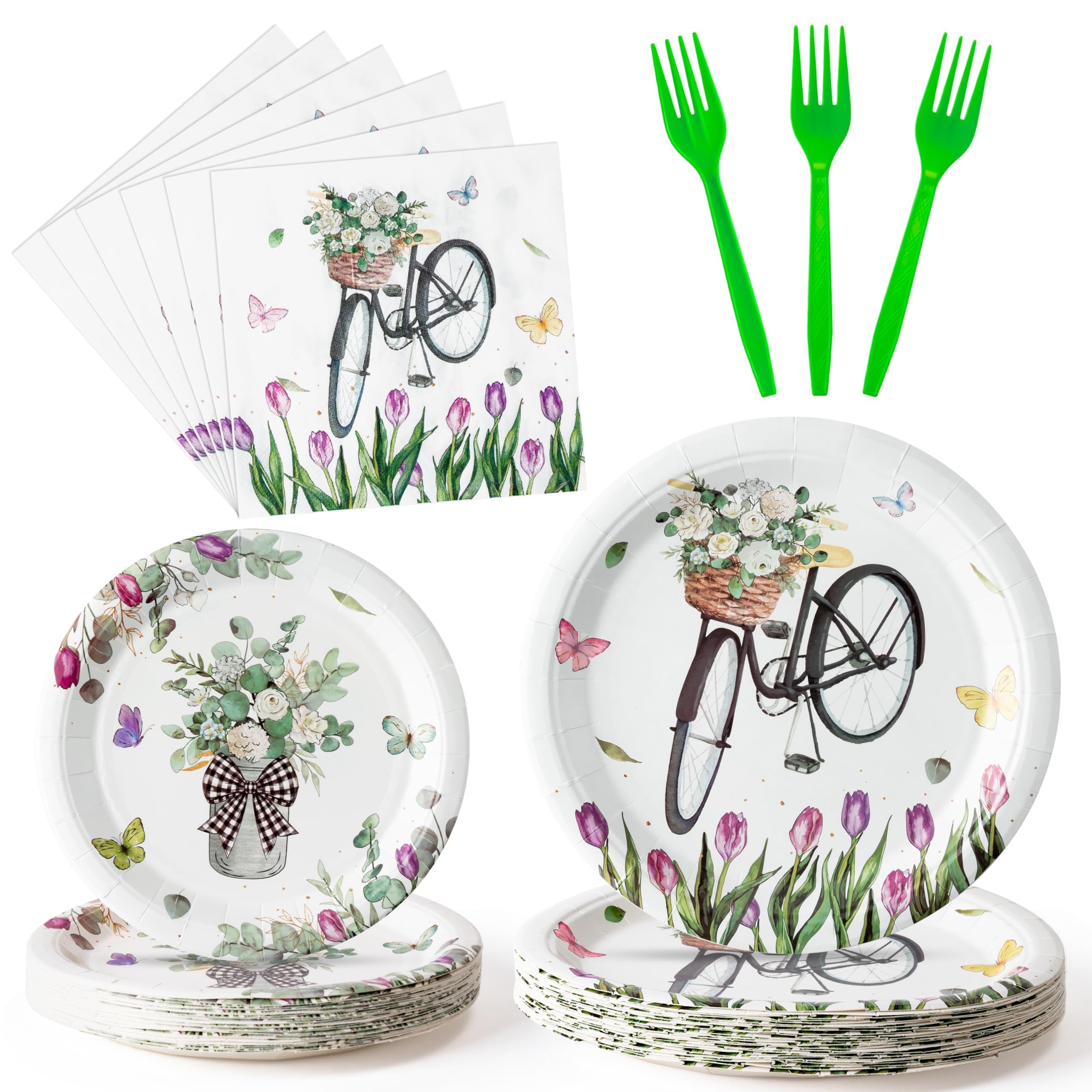 Spring Tulip Birthday Party Supplies - 96Pcs Spring Floral Eucalyptus Leaves Plates Napkins Forks Tableware Set, Disposable Paper Plates Party