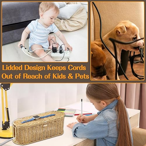 Miniatura 7 de FairyHaus Cable Management Box 2Pack Caramel, Handwoven Large and Small Cable Organizer Box Cover to Hide Cords and Power Strip, Imitation Wicker