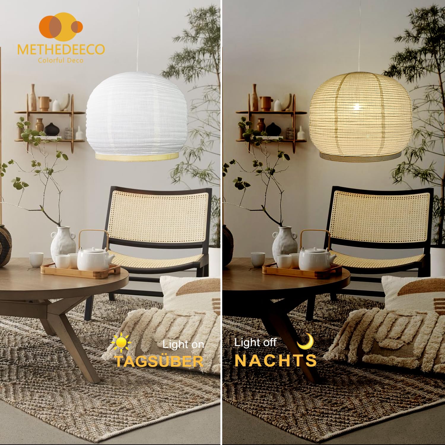 METHDEECO Lámpara Colgante 45 x 35 cm Tela y Bambú con Enchufe | Hecha a mano, Estilo bohemia/japonesa, Con interruptor, Para dormitorio, salón, comedor, Sin bombilla