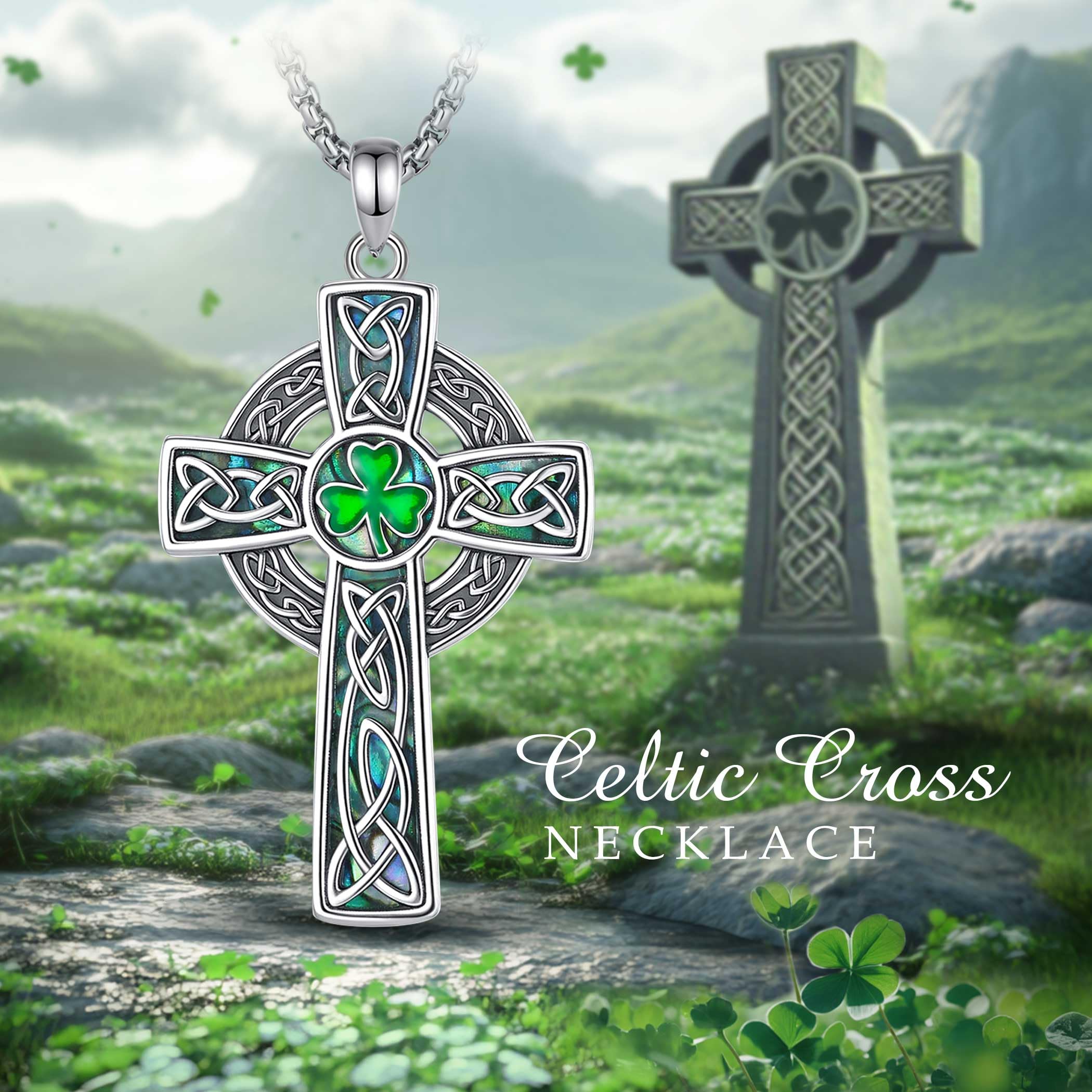 AEONSLOVE Collana Croce Celtica per Donna Uomo, Ciondolo Nodo Celtico Irlandese Argento 925 Gioielli Irlandesi con Claddagh Quadrifoglio