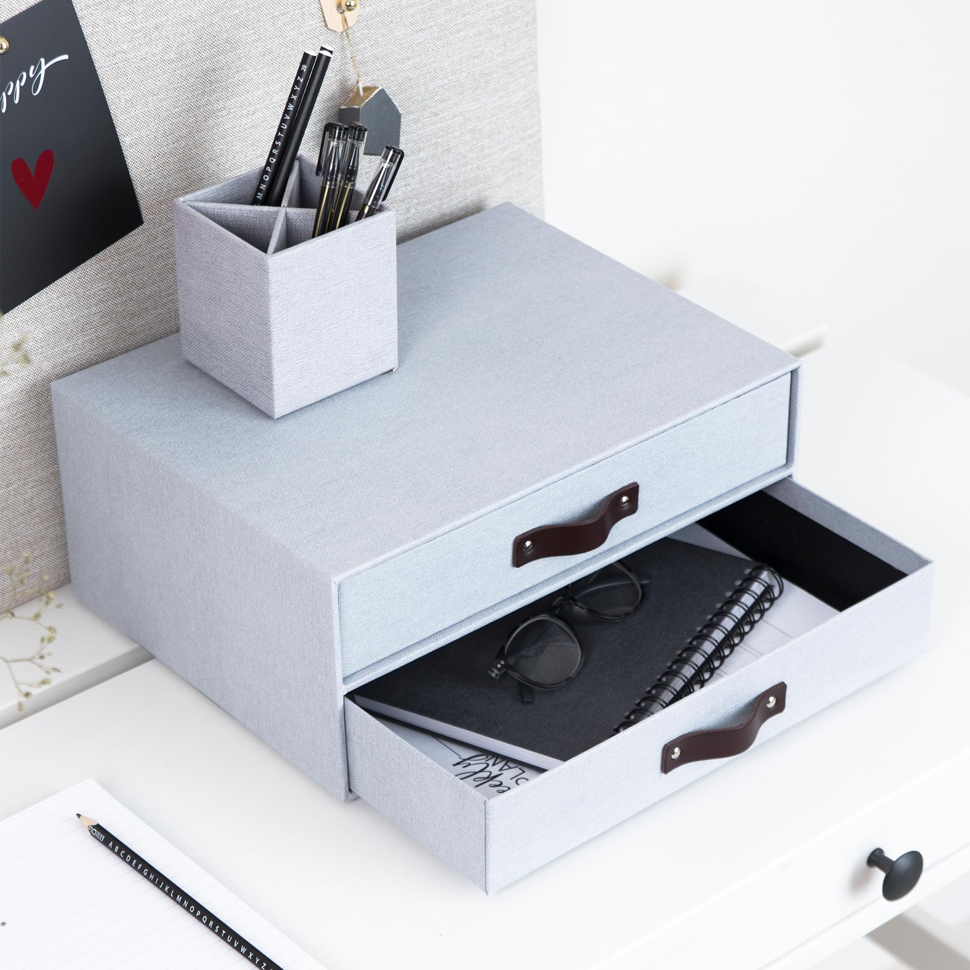 BIGSO BIRGER Cassettiera per documenti e forniture per ufficio, organizer da scrivania con 2 cassetti, sistema di ripiani in fibra e carta effetto lino, grigio chiaro