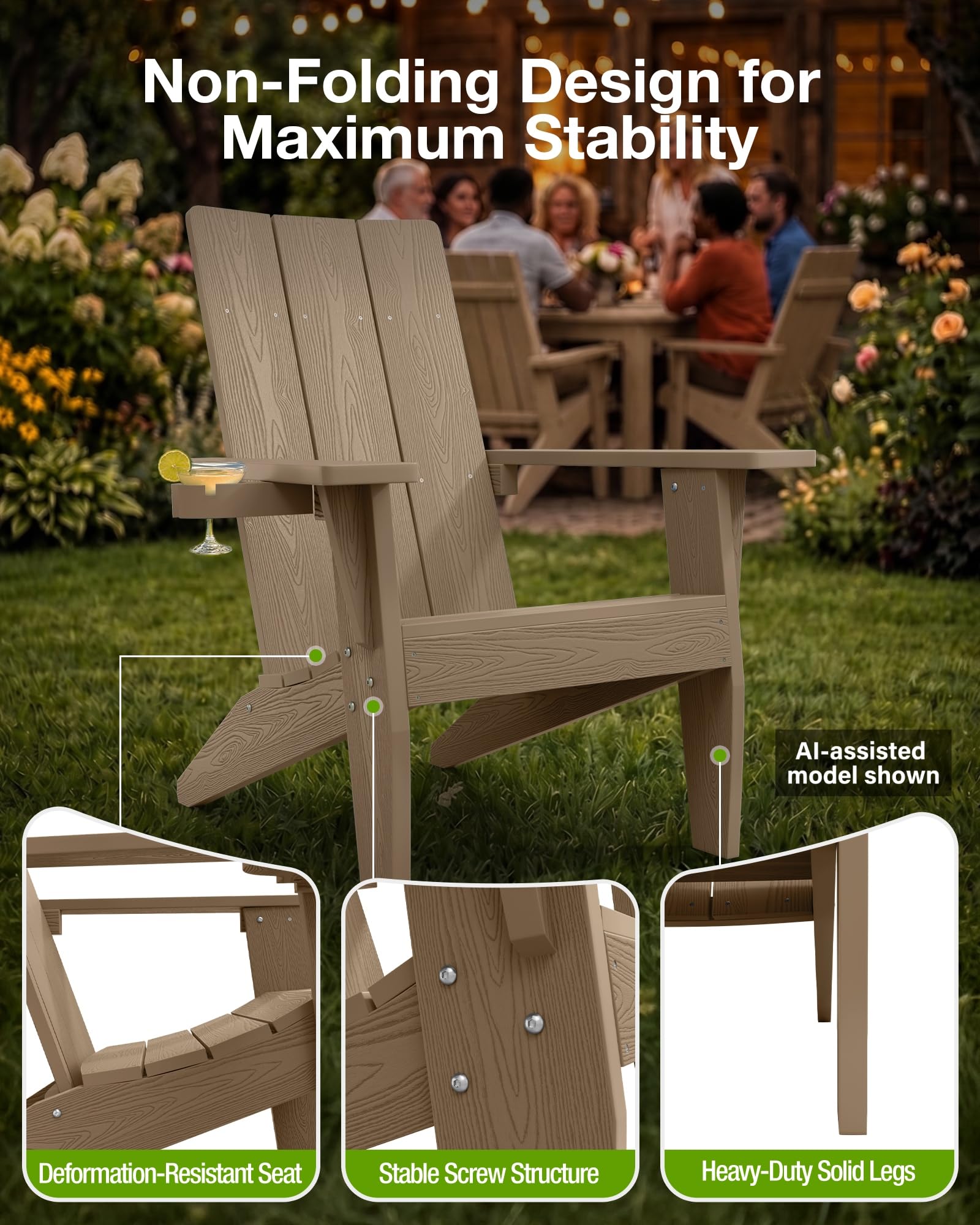 MXIMU Chaise Adirondack Moderne résistante aux intempéries avec Porte-gobelet – Chaises d'extérieur en Plastique surdimensionnées pour Foyer (Teck)