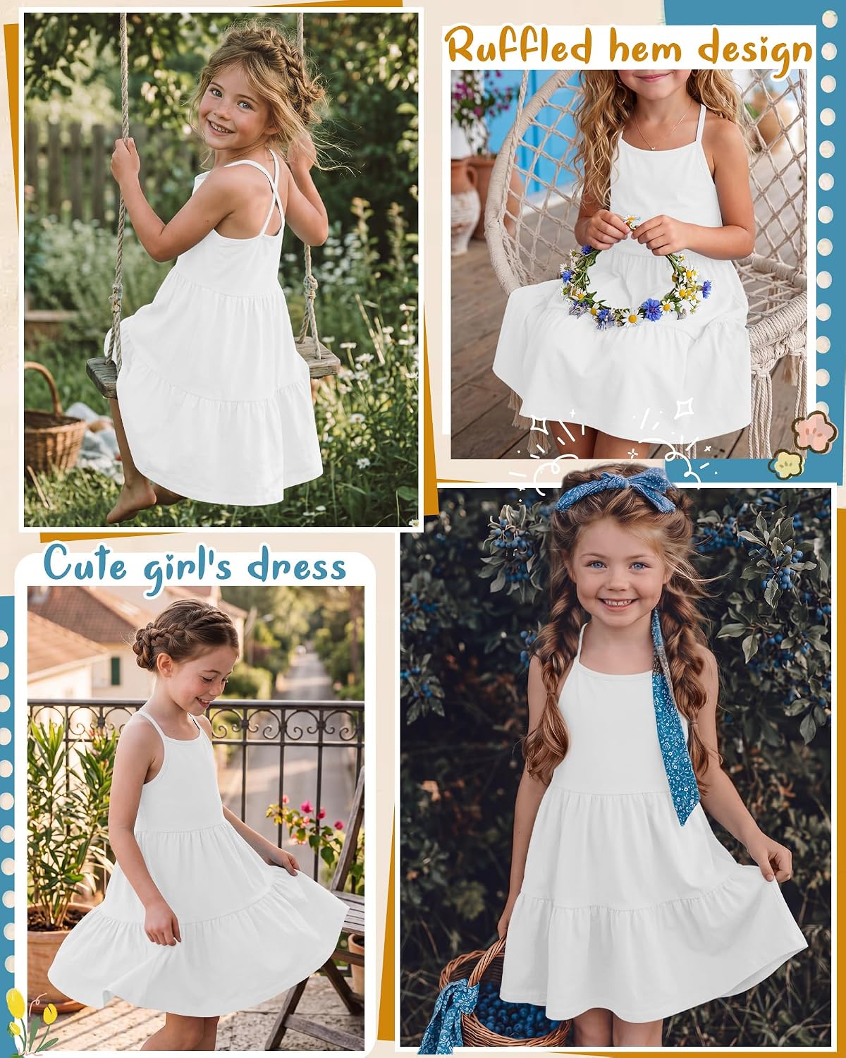 Xaatren Girl's Summer Dresses Sleeveless Knit A-Line Ruffle Sundresses Casual Flowy Swing Twirl Criss Cross Back Midi Dress