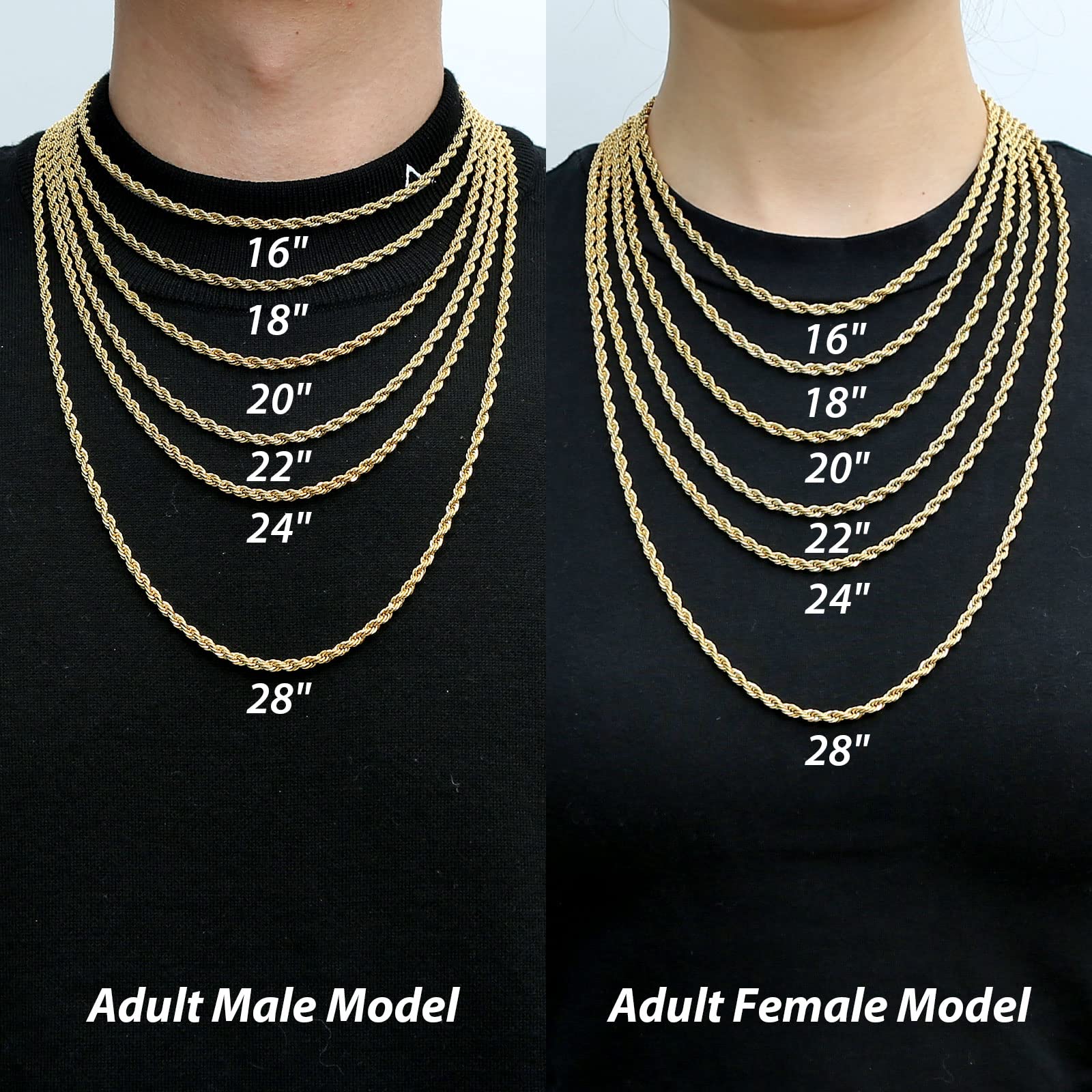 18k echte goldene Seilkette 4mm silbergold schwarz Edelstahl Männer Frauen Unisex-Ketten 16-30 Zoll