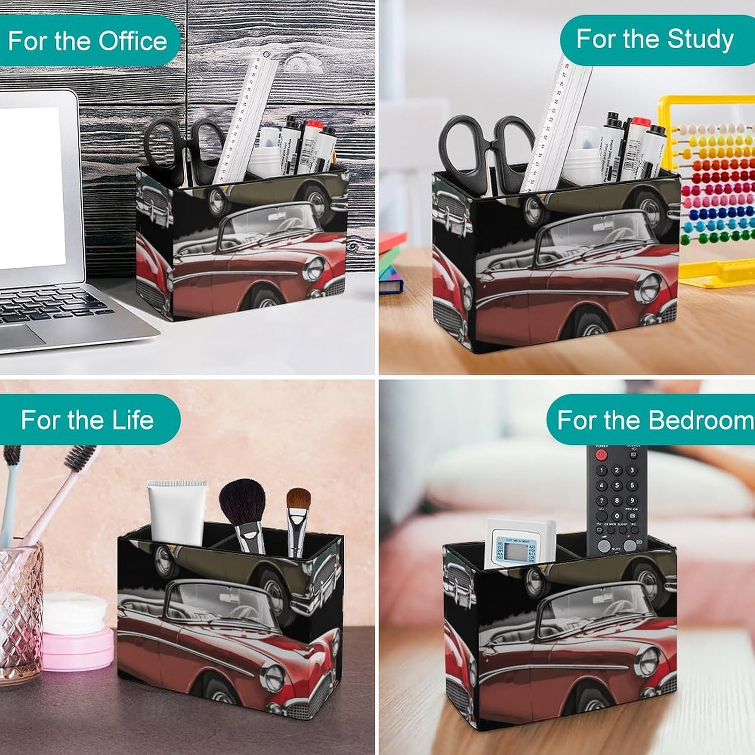 Aesthetic Pen Holder for Desk, Leather Pencil Holder Organizers for Desktop, Square Makeup Brush Srotage Box, Classic Car Roadsters Old Fashioned Pen Cup Holder for Office Desk Accessory Stationery Or image 5