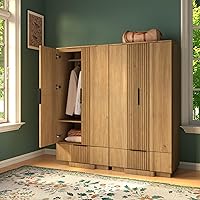 Yechen 67" Fluted Armoire Wardrobe Closet Set of 2 - Modern Wooden Bedroom Storage with Doors, Drawers & Adjustable Shelves, Natural Finish