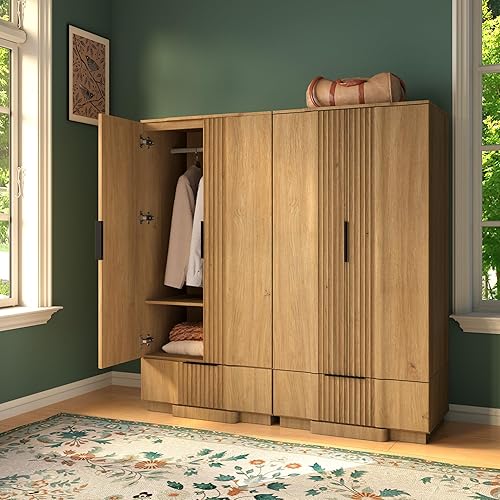 Miniatura 9 de Yechen Armario estriado de 67 pulgadas con puertas y cajón, armario de madera con estante ajustable, armarios pequeños modernos para almacenamiento