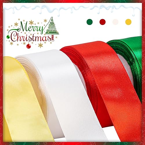 Miniatura 10 de 4 rollos de cintas de Navidad de 100 yardas, cinta de satén de poliéster de 38 pulgadas de ancho para envoltura de regalos, Navidad, decoración de