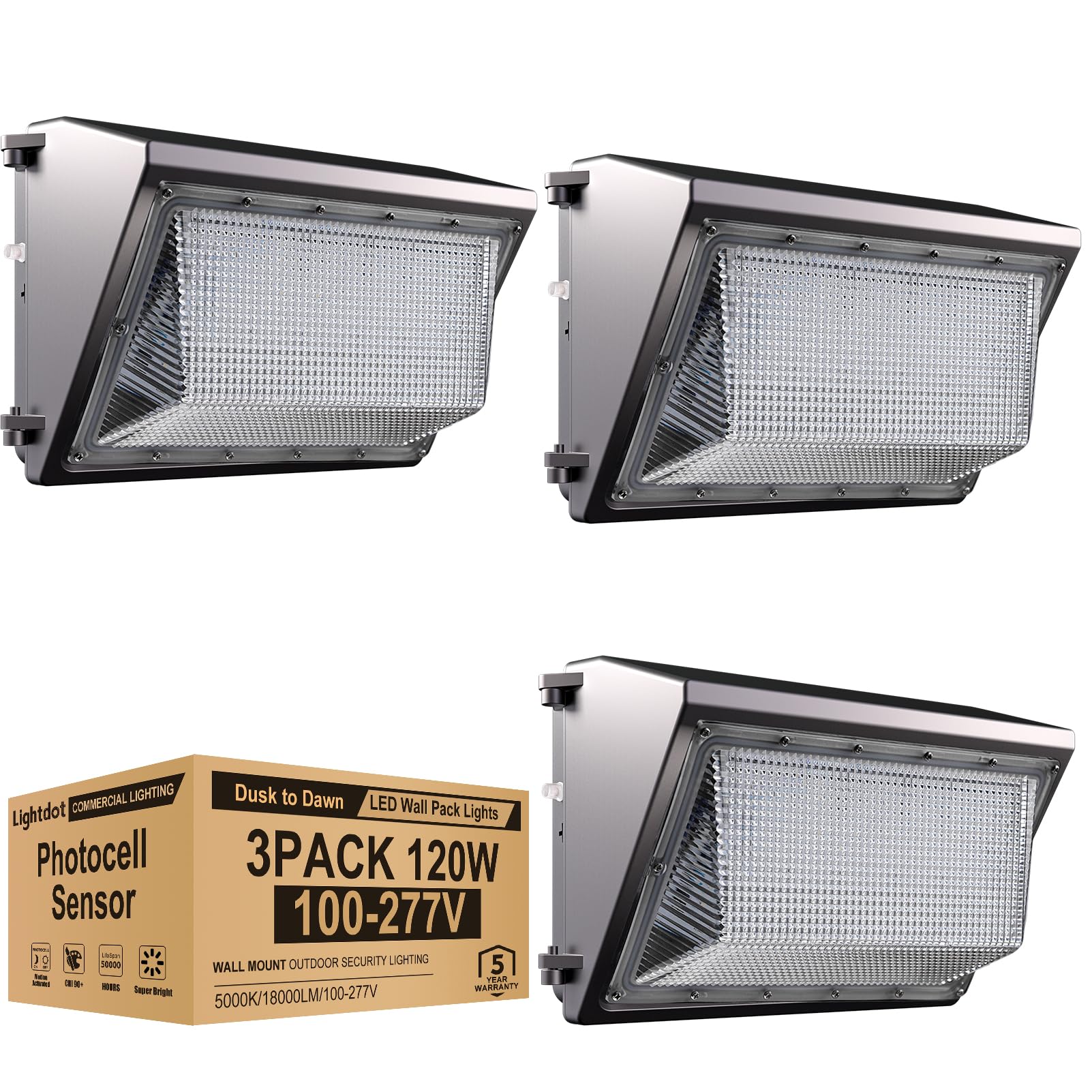 Lightdot 3Pack 120W LED Wall Pack Lights, 𝟭𝟬𝟬-𝟮𝟳𝟳𝗩 𝐃𝐫𝐢𝐯𝐞𝐫 𝐄𝐪𝐮𝐢𝐩𝐩𝐞𝐝 Dusk-to-Dawn Photocell, 𝟓 𝐘𝐞𝐚𝐫𝐬 𝐖𝐚𝐫𝐫𝐚𝐧𝐭𝐲 18000Lm [Eqv. 600W MH/HPS] 5000K Outdoor Flood Lights