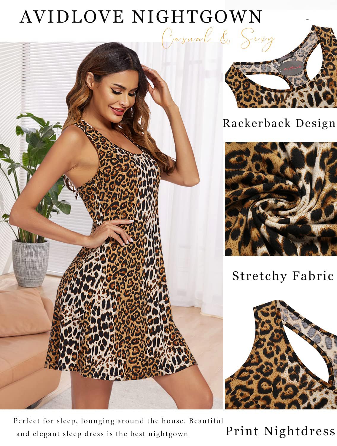 Avidlove Sleepwear for Women Tank Nightgown Chemise Racerback Sleeveless Sleep Dress: B-leopard Large