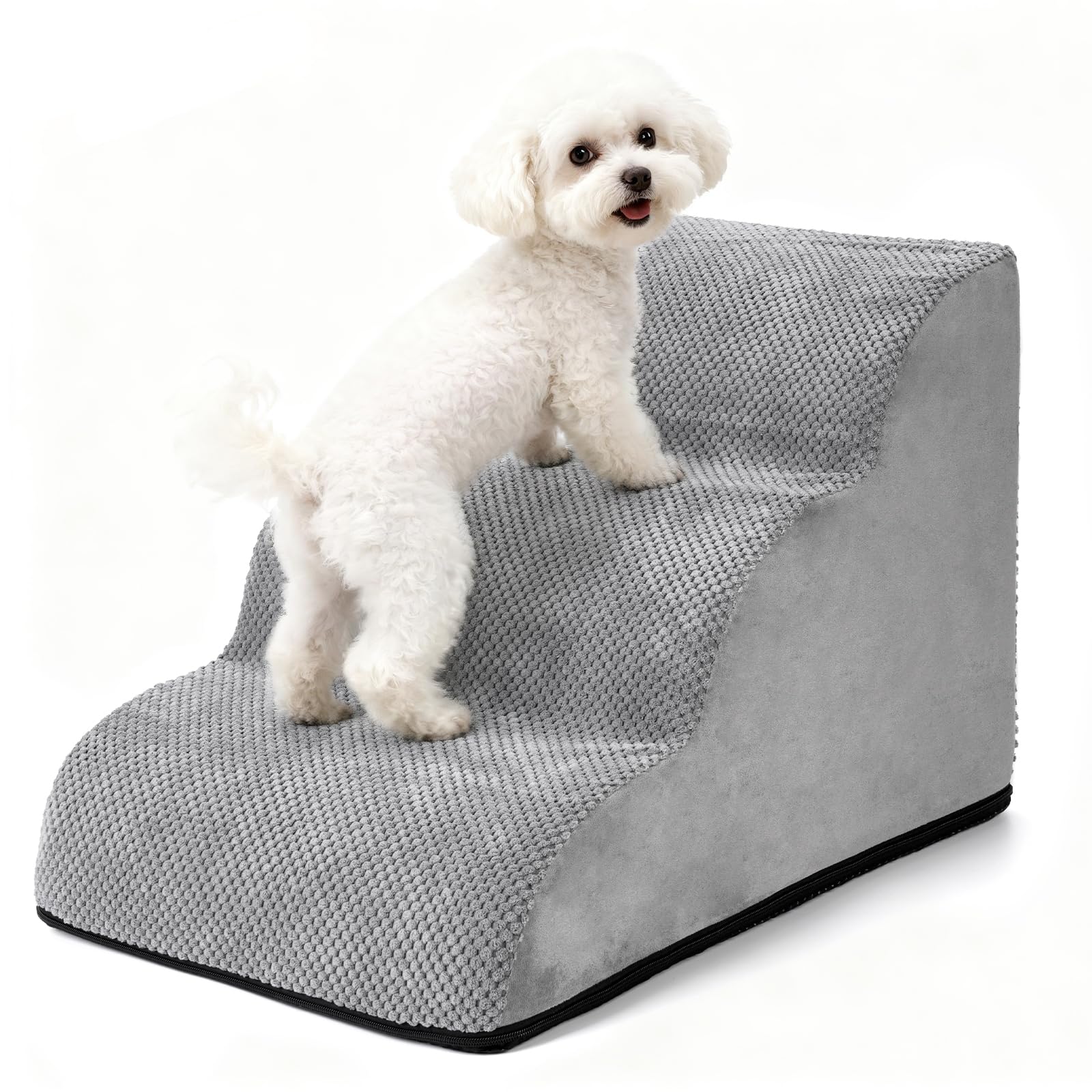 Hundetreppe für Kleine Hunde 40cm, 30D Hochdichter Schwamm Hundetreppe, Haustiertreppe für Bett Sofa mit Waschbarem Bezug und Rutschfestem Boden, 40x60x40cm, 3 Stufen, Grau