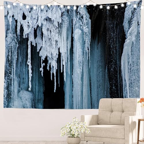 Batmerry Tapiz de pintura de arte abstracto azul, increíble cascada de invierno, tapiz de fondo natural para sala de estar, dormitorio, colgante de