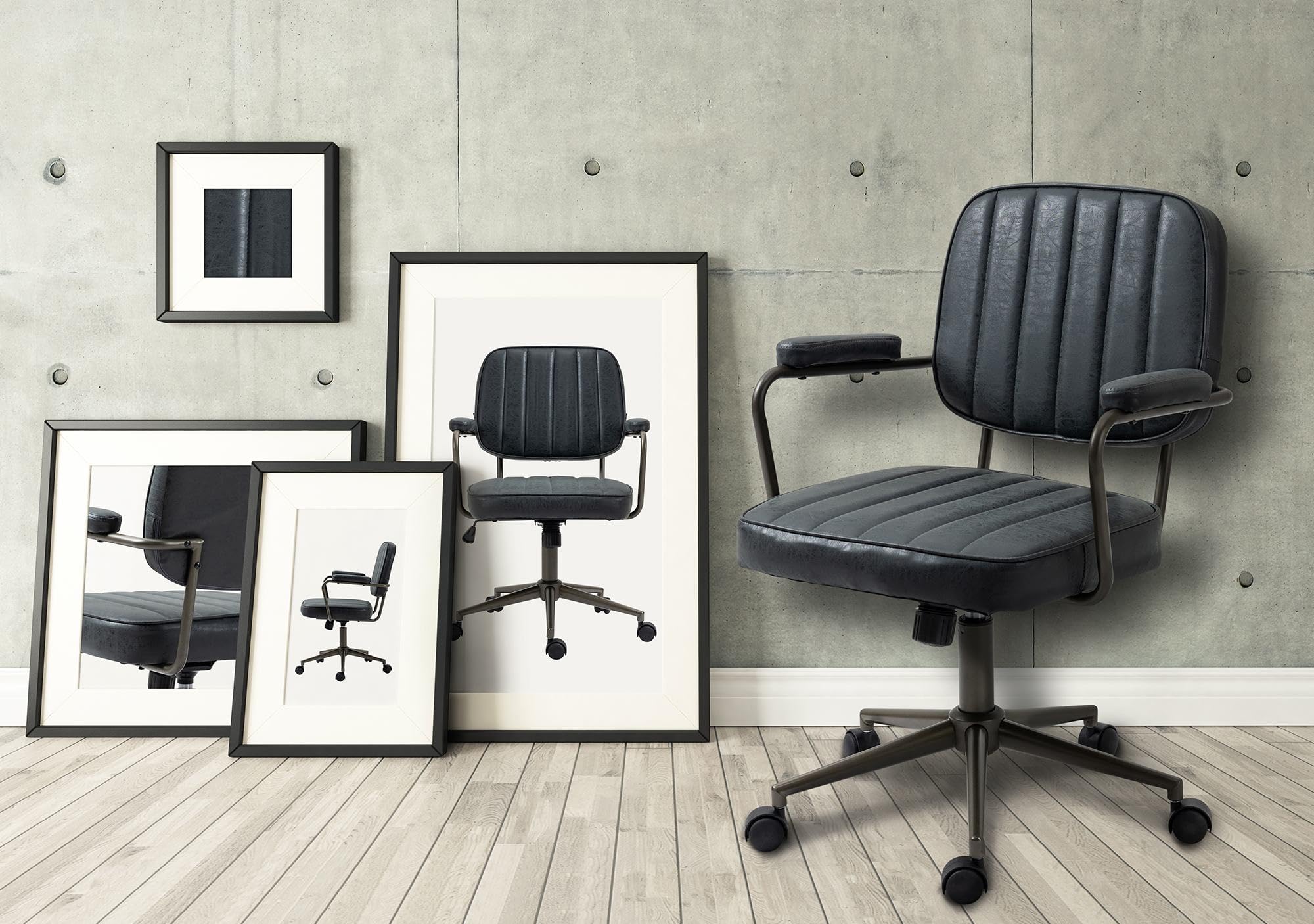 CLP Silla De Trabajo Natrona En Piel Sintética I Silla De Oficina con Look Industrial Acolchada & con Ruedas, Color:Antiguo Negro