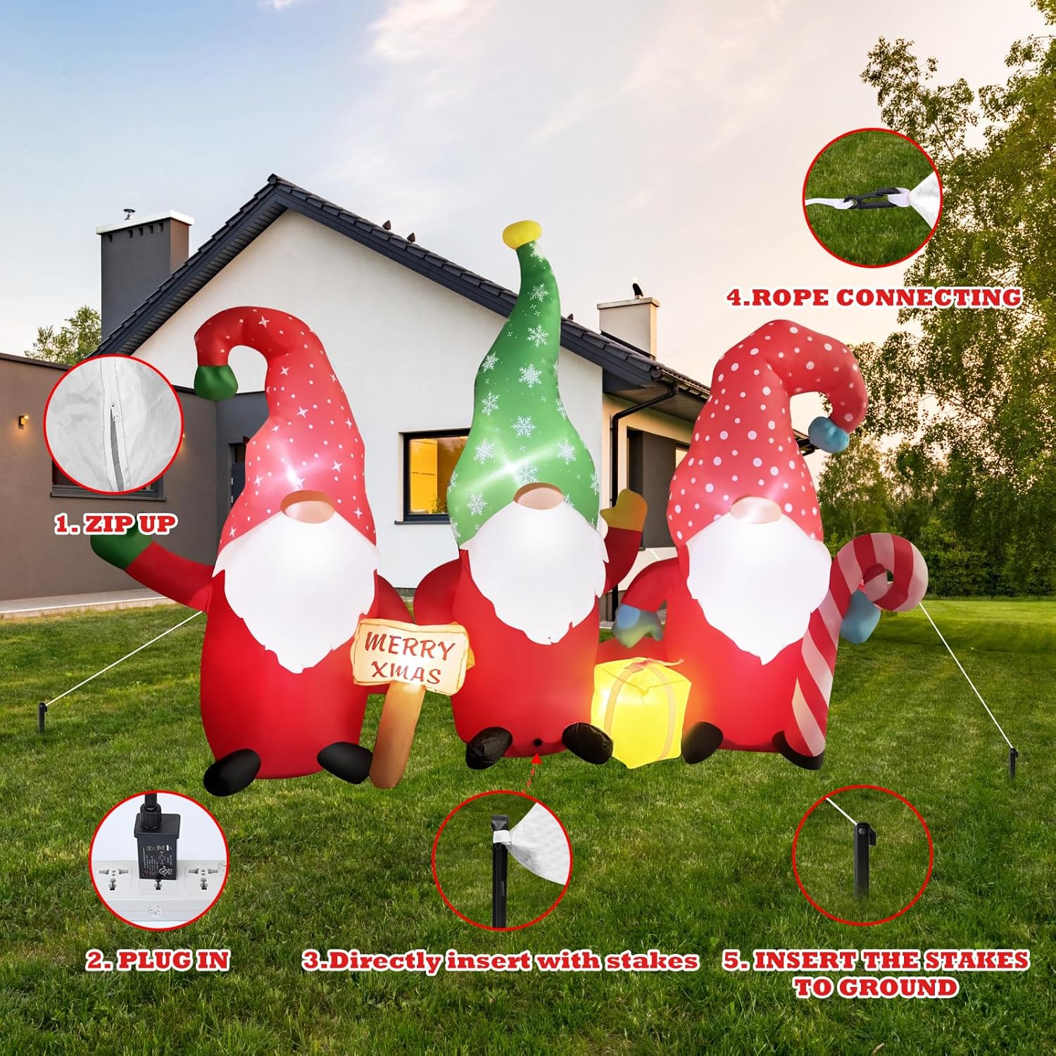 7.5FT Easter Inflatables Gnomes Sets,Outdoor Inflatable Gnomes with Candy Cane, Merry Xmas Sign and Gift Box Blow Up Yard Decor with LED Lights for Thanksgiving Garden