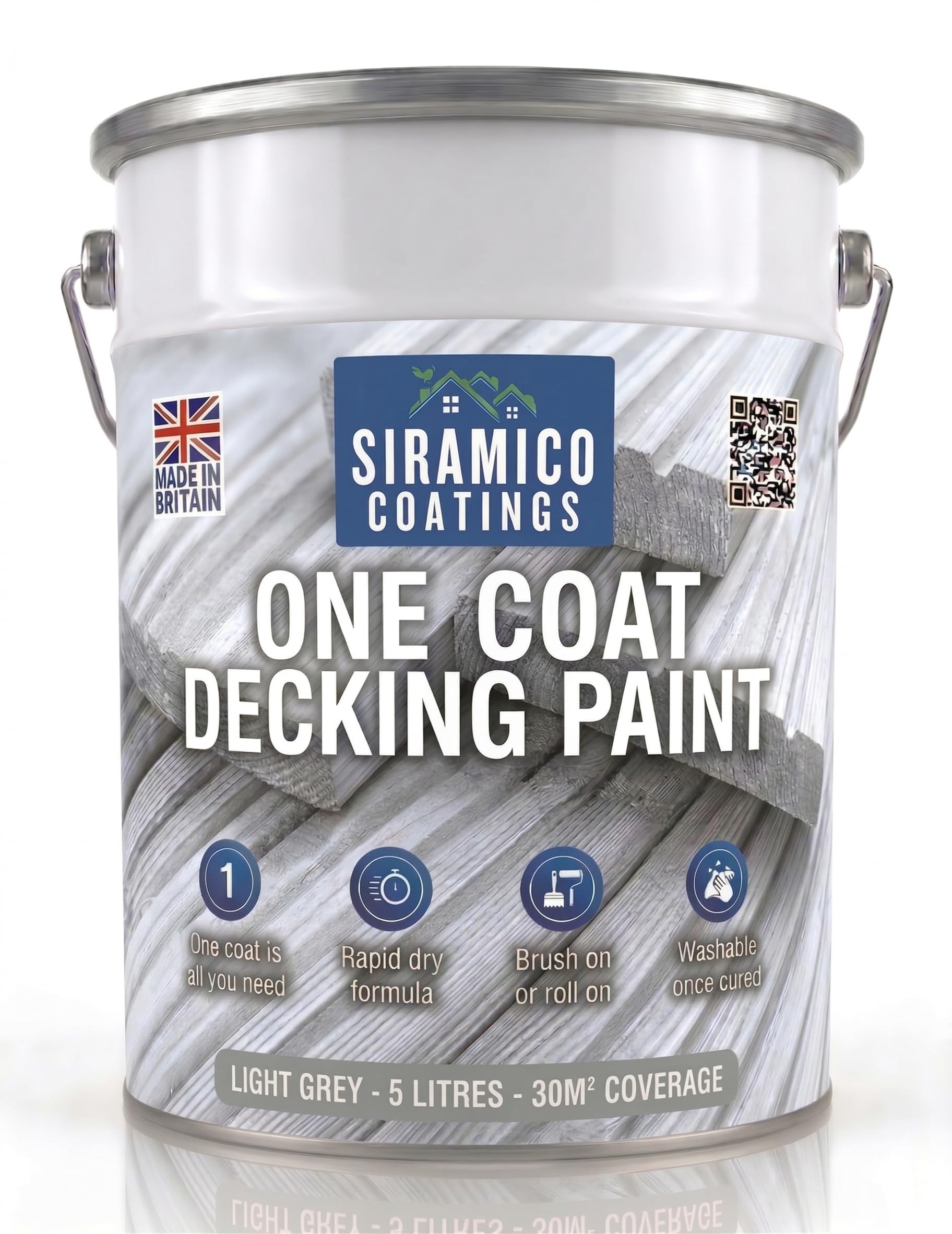 SIRAMICO COATINGS One Coat Anti-Slip Decking Paint | 5 Litres | 7 Luxury Colours I Mould & UV Resistant Formula | White - Grey - Sage Green - Black - Brick Red (Light Grey)