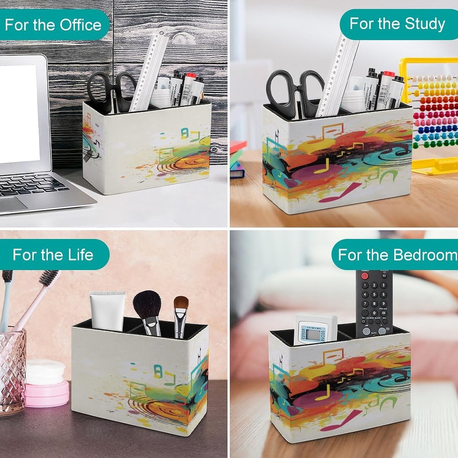 Abstract Music Themed PU Leather Square Pens Pencils Holder,Multifunctional Remote Control Eyeglass Holder Pencil Case Office Accessories Container Box for Desk Double Compartments image 4