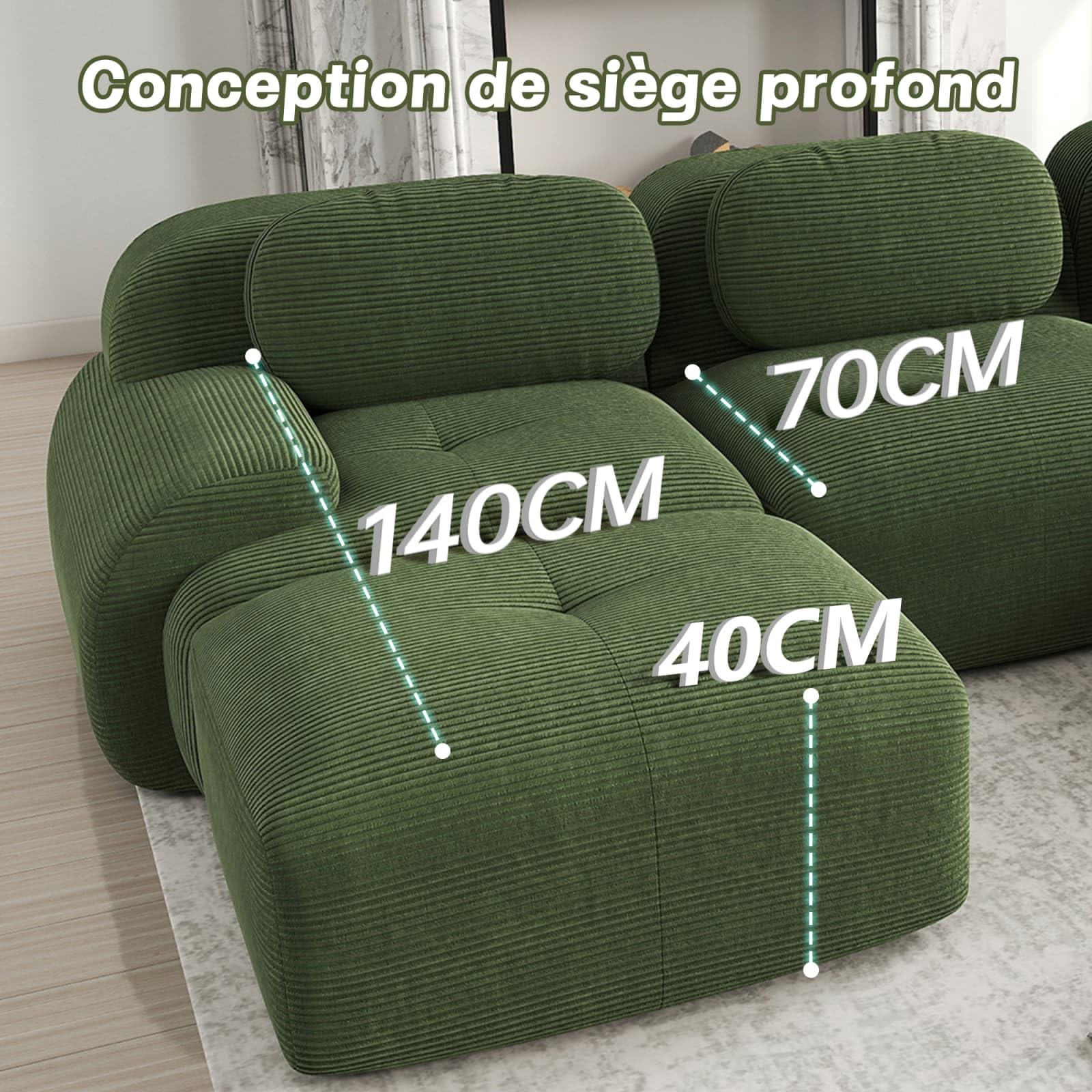 KOMHTOM Canapé Salon Moderne, Canapé Modulaire en Velours Côtelé, Coussin d'assise Confortable en Mousse Haute Densité 32D, Asssise Extra Profonde (Vert, 2 Places en L)