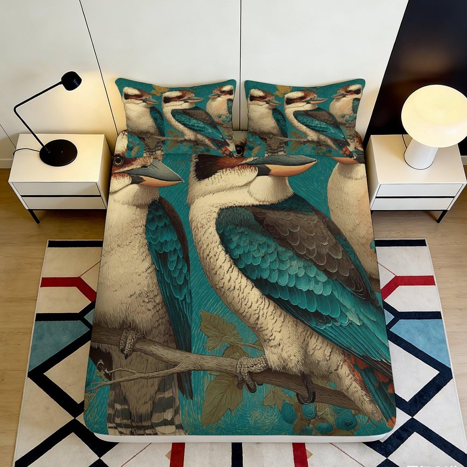 3D Printed Kingfisher Bird Fitted Sheet Microfiber Soft Blue Mattress Cover for Bedroom Guest Room Decor 118 140x200x25cm