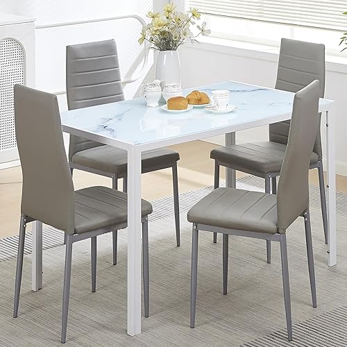 Miniatura 10 de paonne Mesa de comedor de cristal de 5 piezas con sillas, juego de mesa de comedor moderno para 4, mesa de cocina y sillas, juego de comedor para 4