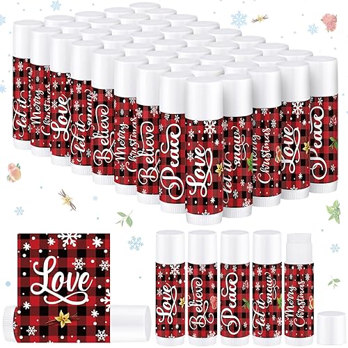 Dunzy 50 unidades de bálsamo labial de Navidad a granel rojo y negro a cuadros de búfalo regalo de Navidad para mujeres, producto hidratante para el