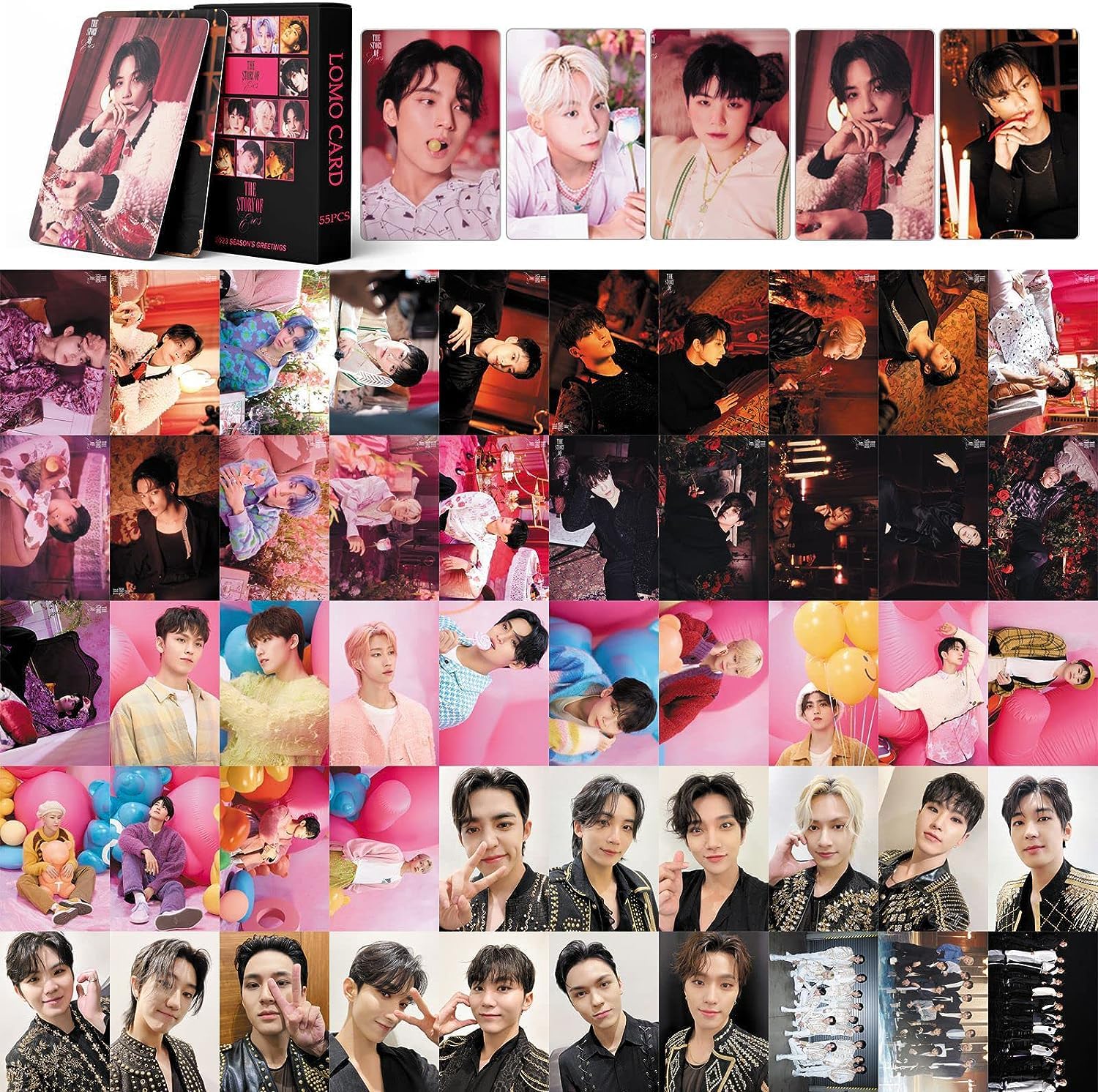 Pleaseedo 55 Pcs SEVENTEEN Photocards Set, SEVENTEEN 2023 Lomo Cards, JEONGHAN WONWOO HOSHI MINGYU JOSHUA THE8 Greeting Cards, Kpop SEVENTEEN Merch Mini Photo Message Card Gift for Fans Collection