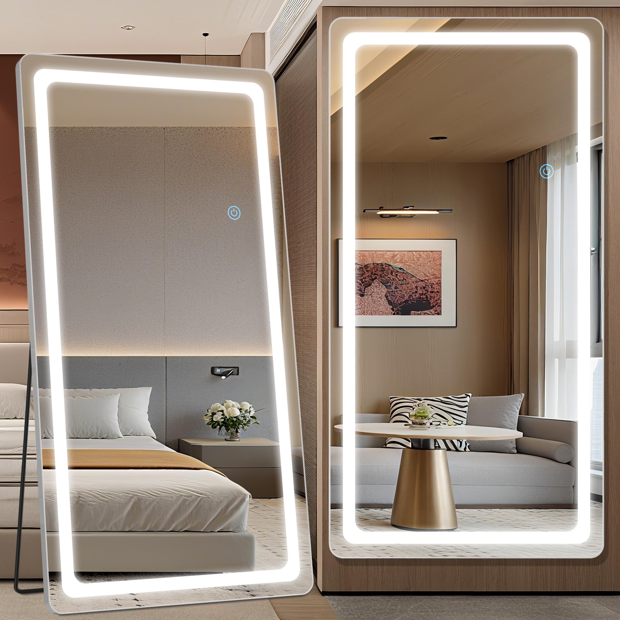 Antok LED Full Length Mirror with Light, 71"x28" Lighted Full Body Mirror with Stand, Dimmable & 3 Color Lighting Standing/Leaning/Wall Mounted Vanity Mirror for Bedroom Cloakroom Livingroom(Rect): 81"L x 41"W Rect Style White