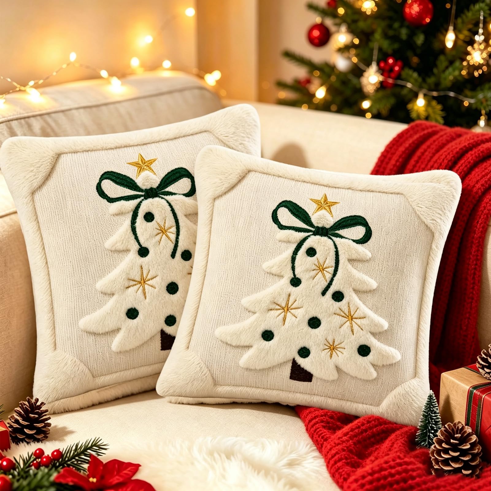 2Pcs Christmas Cushion Covers 45 x 45cm with Plush Trim, Christmas Decor、A