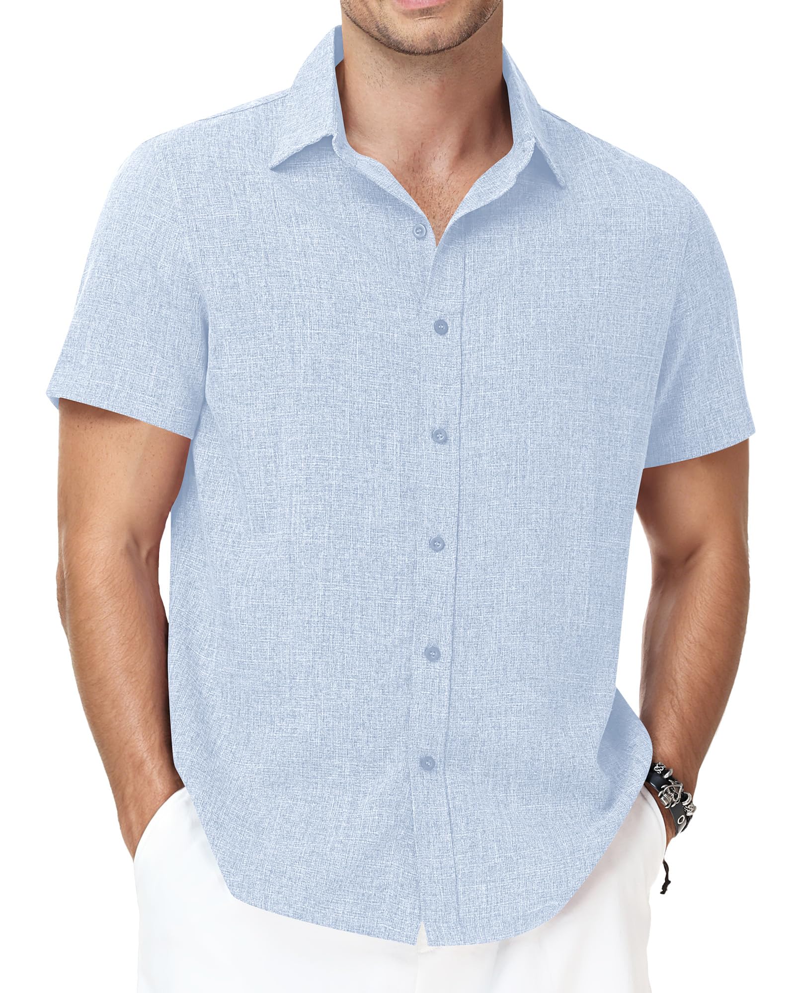 Runhit Men's Short Sleeve Button Down Shirts Casual Beach Shirt Lightweight Wrinkle Free Vacation Summer Wedding Tops
