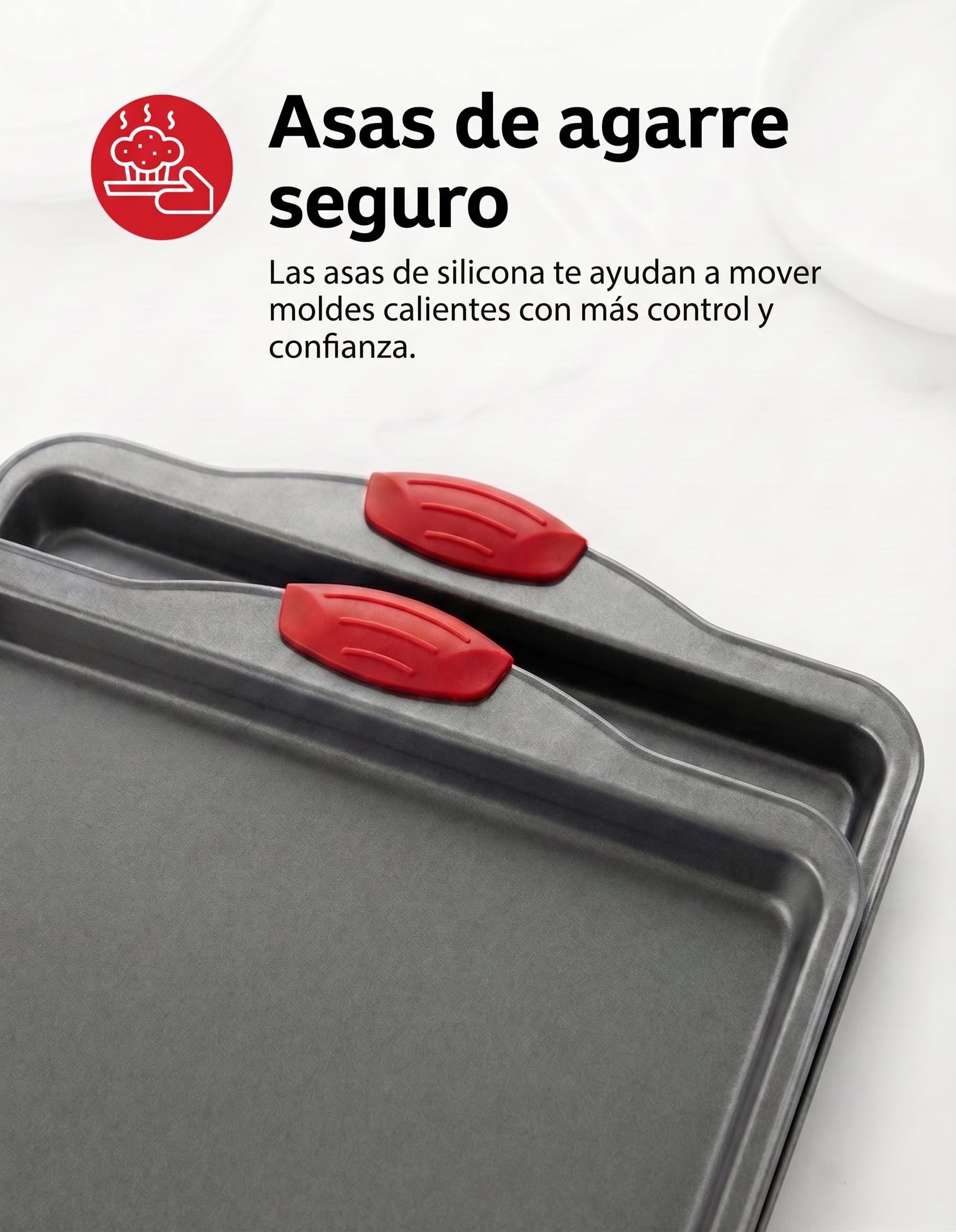 Bandejas Horno Antiadherentes Juego 3 Piezas - Bandejas de Horno para Hornear de Acero al Carbono Resistentes a Deformaciones y Óxido, Sin PFOA, con Asas de Silicona, Aptas para Lavavajillas