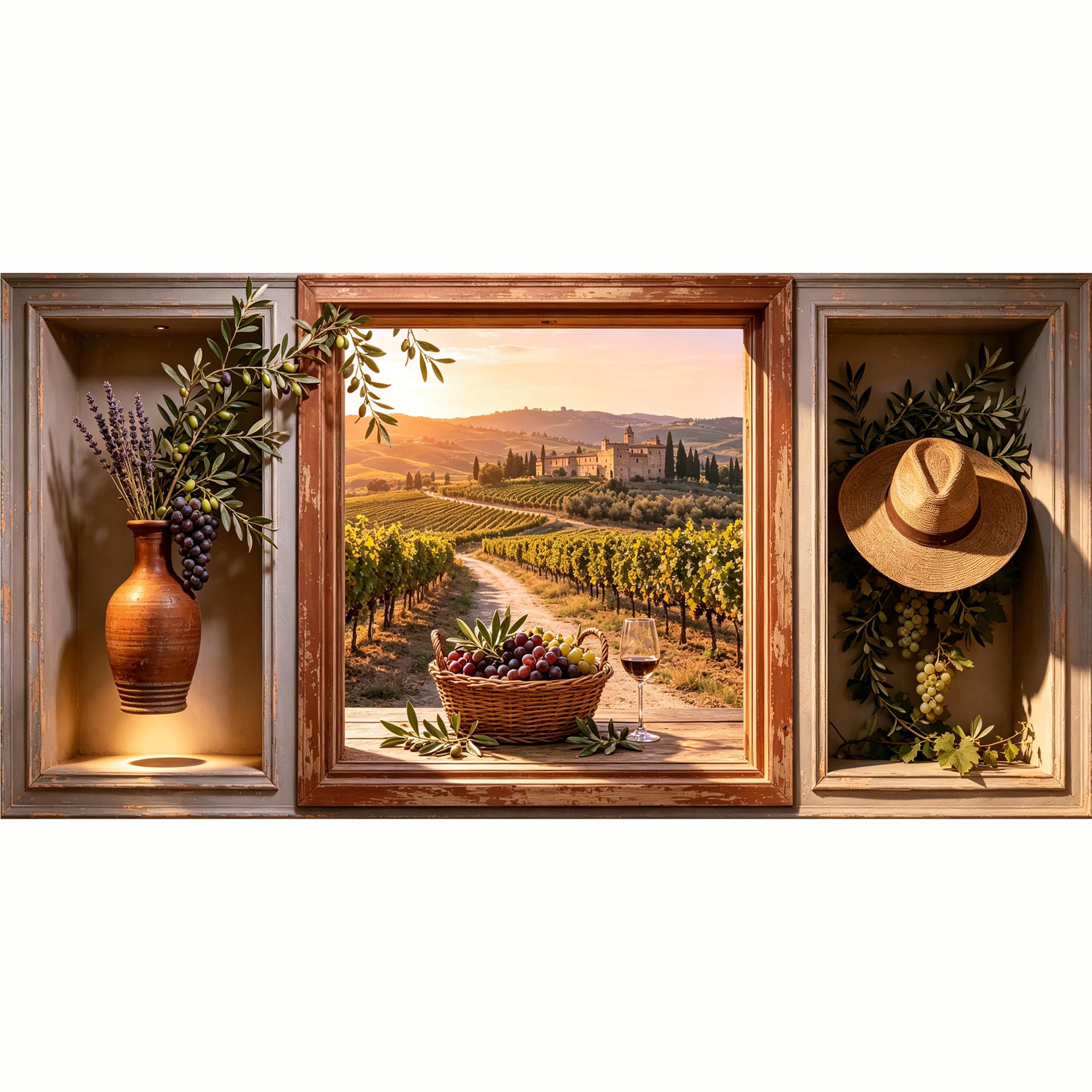 QZLITHOTIC 50x100cm 3D Framed Wall Art， Tuscany Vineyard Landscape Mediterranean Wine Estate Self‑Adhesive Mural， Water‑Activated Peel & Stick Fabric Decor Wall Decal for Bedroom Living Room