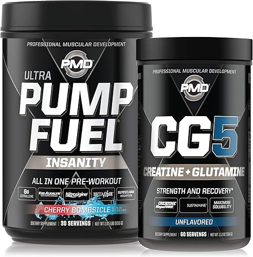 PMD Sports Ultra Pump Fuel Insanity - Pre entrenamiento - Cherry Bombsicle (30 porciones) Sports CG5 Premium Creatina y L-Glutamina en polvo (60
