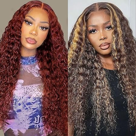 Reddish Brown 13x4 Deep Wave Lace Front Wigs Human Hair 26 Inch+Highlight Ombre 13x4 Deep Wave Lace Front Wigs 34 Inch