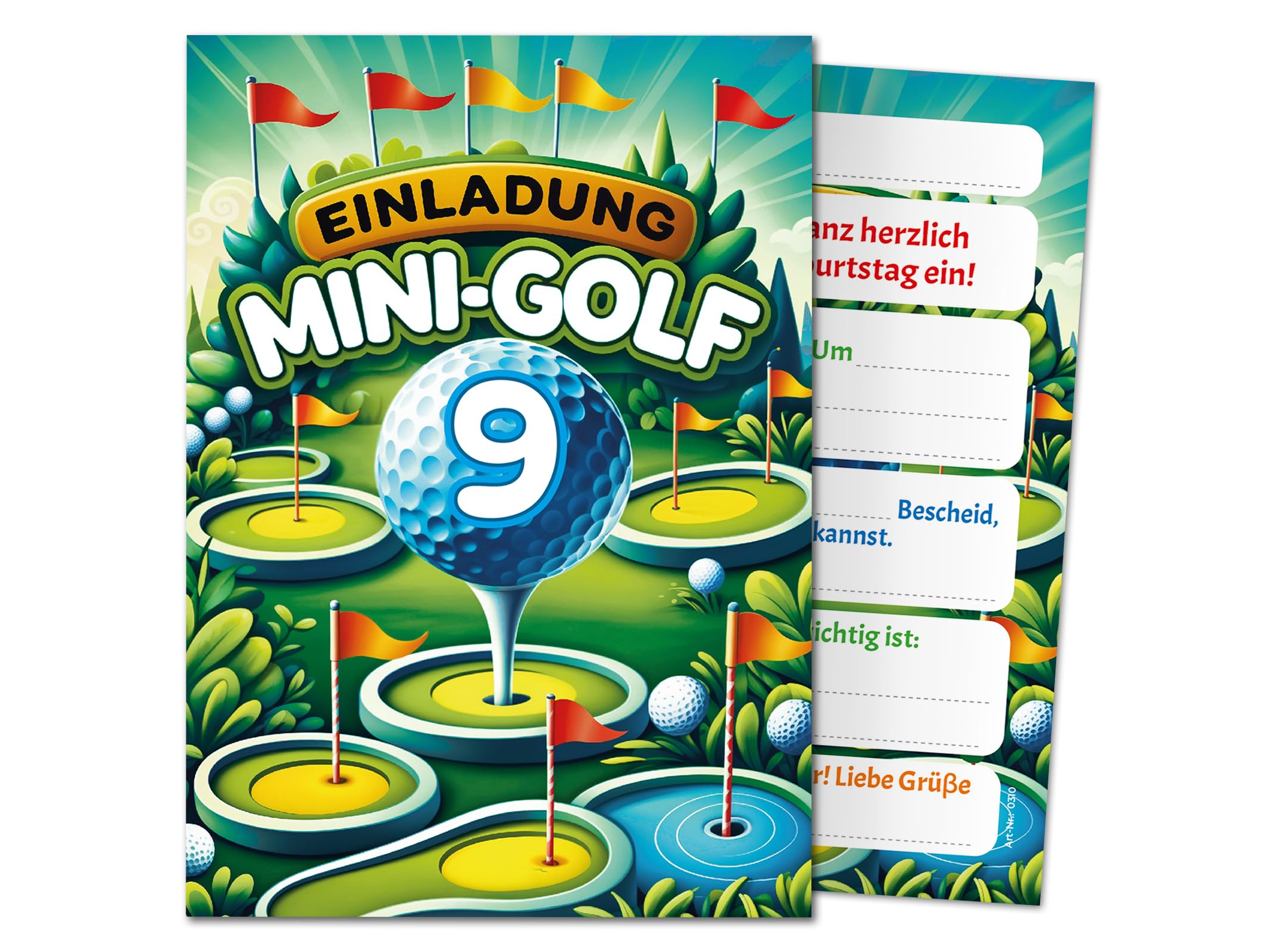 JuNa-Experten 12 Einladungskarten zum 9. Kindergeburtstag Mädchen Jungen Mini-Golf Minigolf coole bunte Einladungen neunte Geburtstag Mädchengeburtstag Jungsgeburtstag