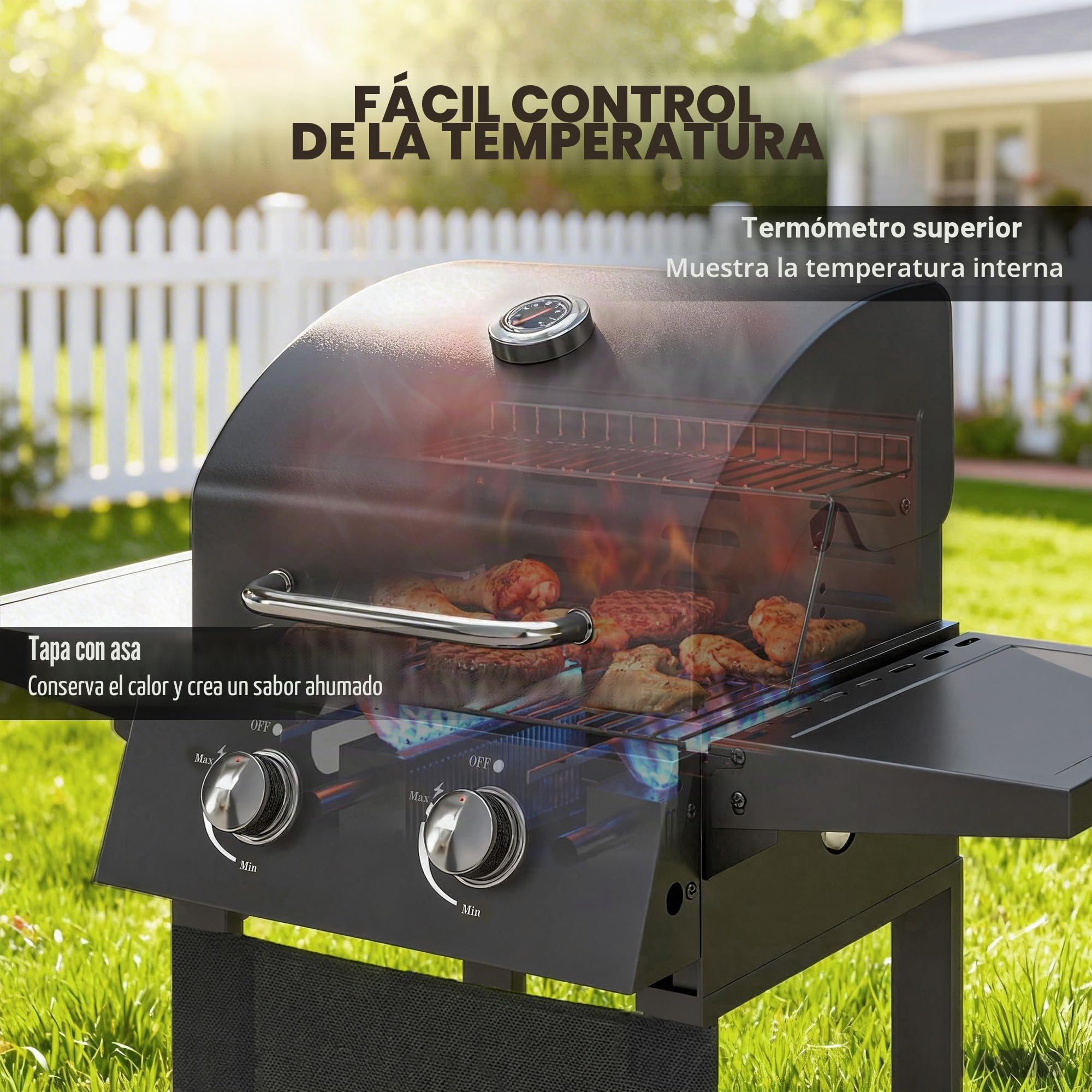 Barbacoa de gas Outsunny con 2 quemadores de 5,4 kW, barbacoa portátil de gas propano con parrilla, bandejas plegables, tapa, bandeja recogegrasa, termómetro y ruedas, para jardín exterior, color
